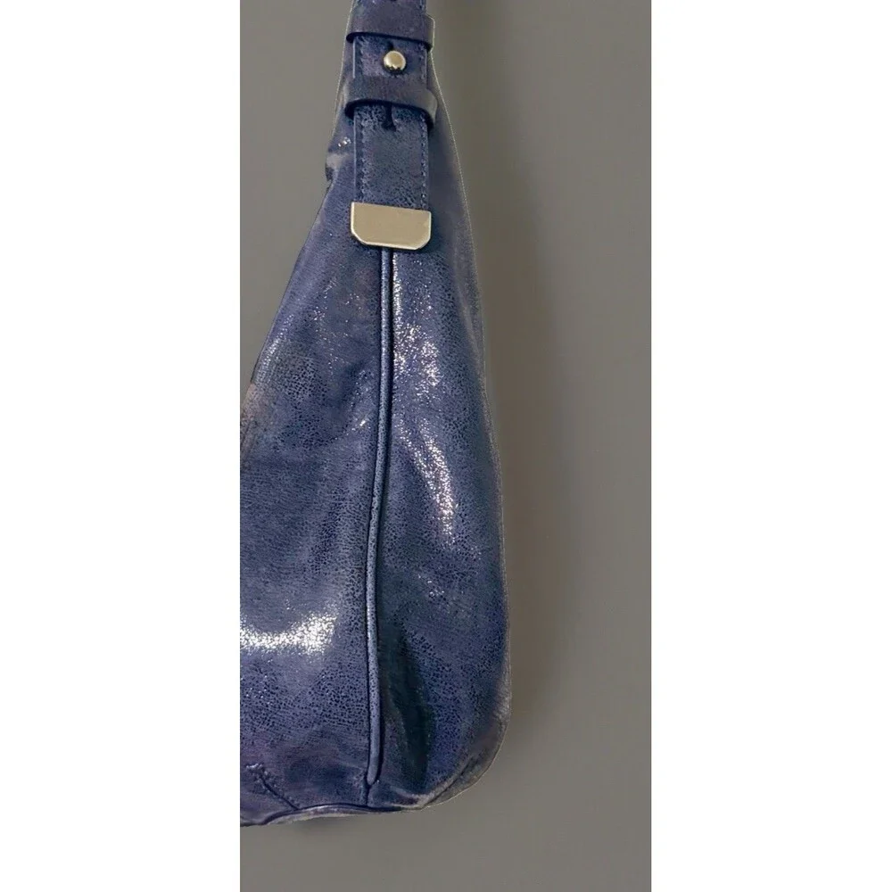 VTG Cole Haan Blue Crackle Patent Leather Slouchy Hobo Handbag Silver/ Gold Zip